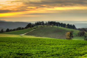 Evening mood in the Rhein-Taunus nature park near Presberg, view over meadows and fields with a tree wreath on the hilltop, behind it the dreamlike Wispertal, HDR picture, Evening mood in the Rhein-Taunus nature park near Presberg, view over meadows and fields with a tree wreath on the hilltop, behind it the dreamlike Wispertal, HDR picture,